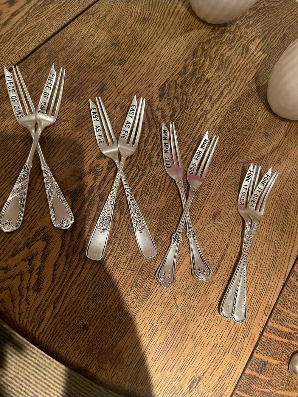 Mud Pie Silver Dessert Fork Set with Engraved Sayings (8 pieces)